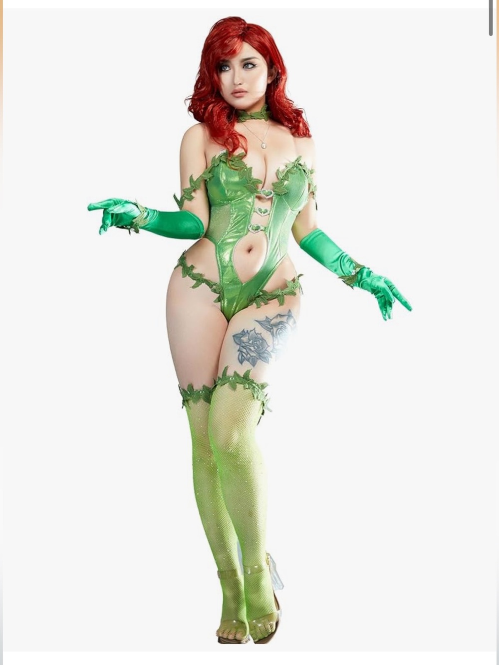 Green Poison Ivy-Inspired Lace Up Bodysuit with Gloves & Stockings XS/S